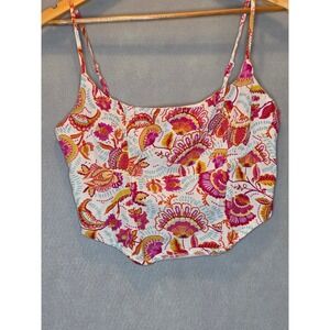Nightwalker Floral Corset Crop Top Pink Orange Boho Smocked Back Camisole Large